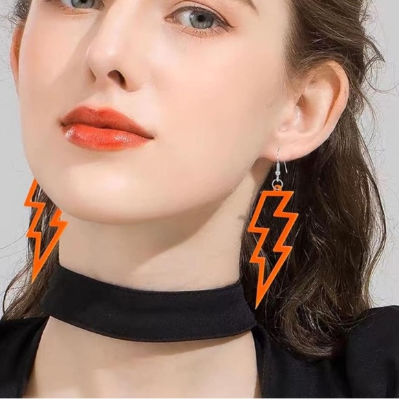 Neon Orange Lightning Bolt Earrings - Picture 1 of 3